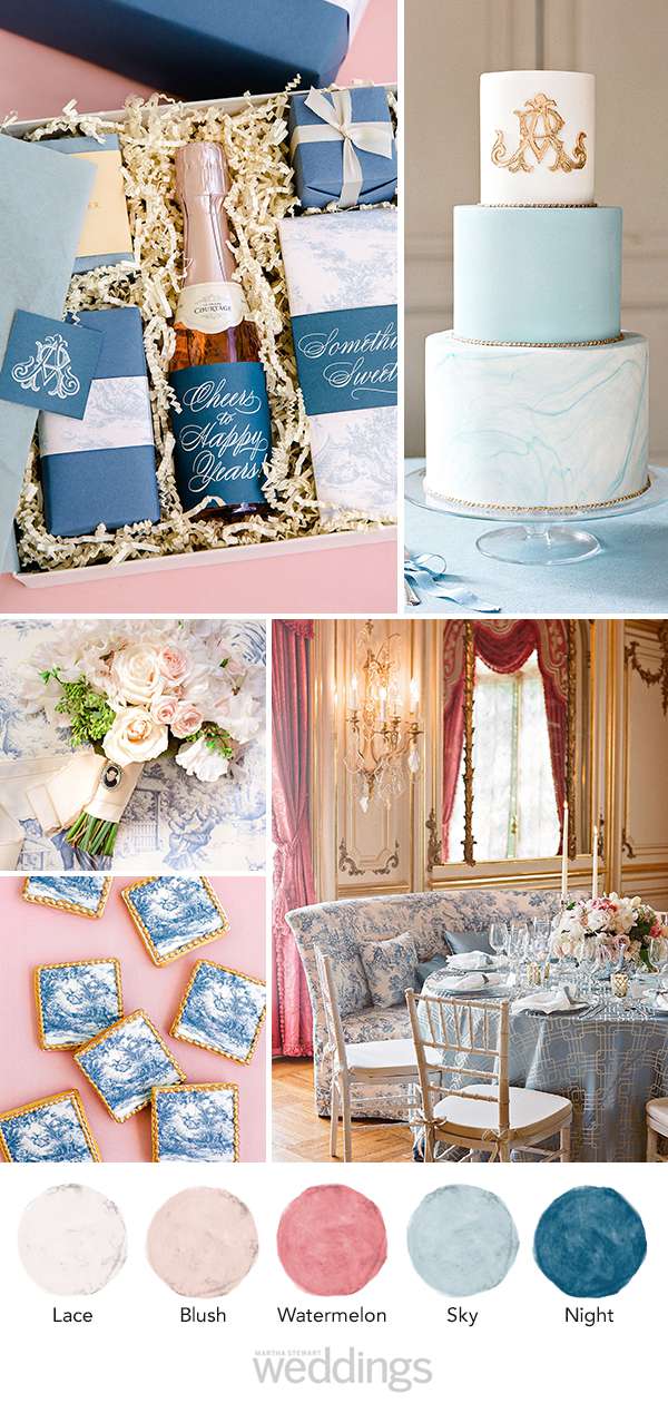 wedding color palette mood board watermelon, blush, and blue