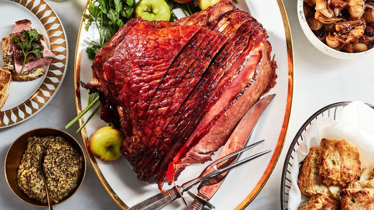 pomegranate glazed ham with jammy cipollinis
