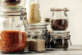 Jars with lentils and other pantry items
