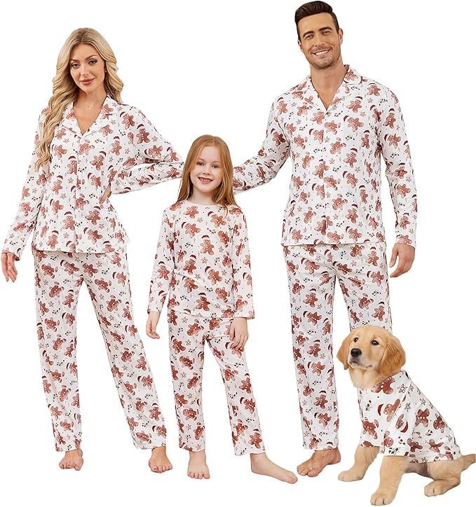 A family and a dog wearing matching printed pajamas
