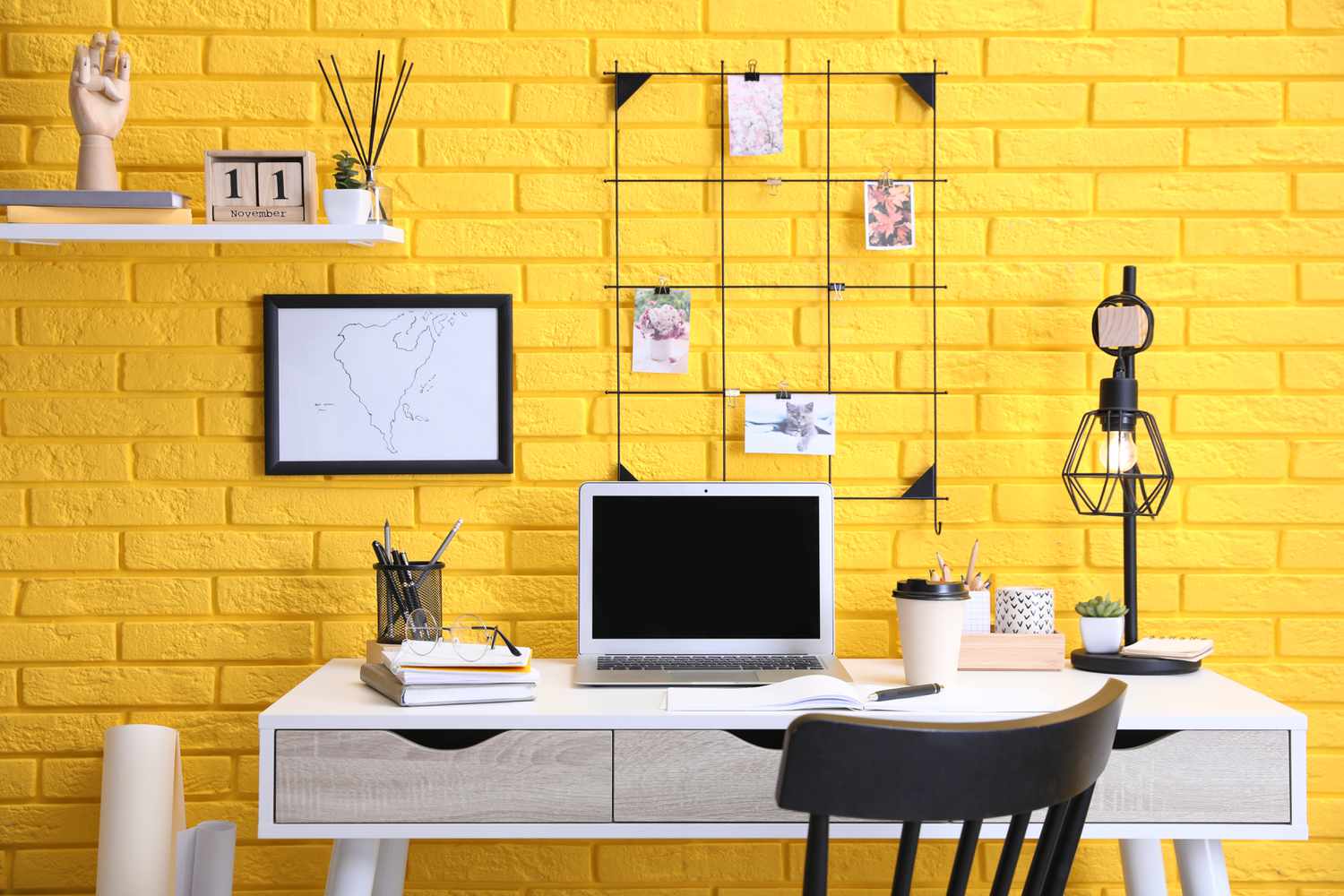 a yellow home office area
