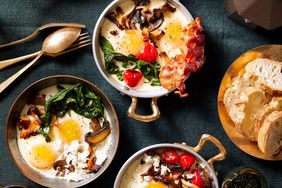 three variations of baked eggs in skillets