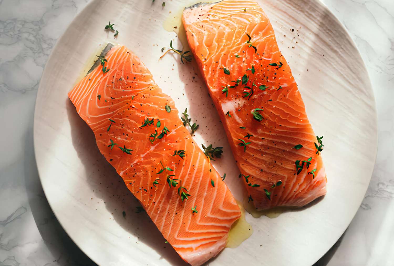 Two pieces of salmon fillets garnished with herbs on a plate