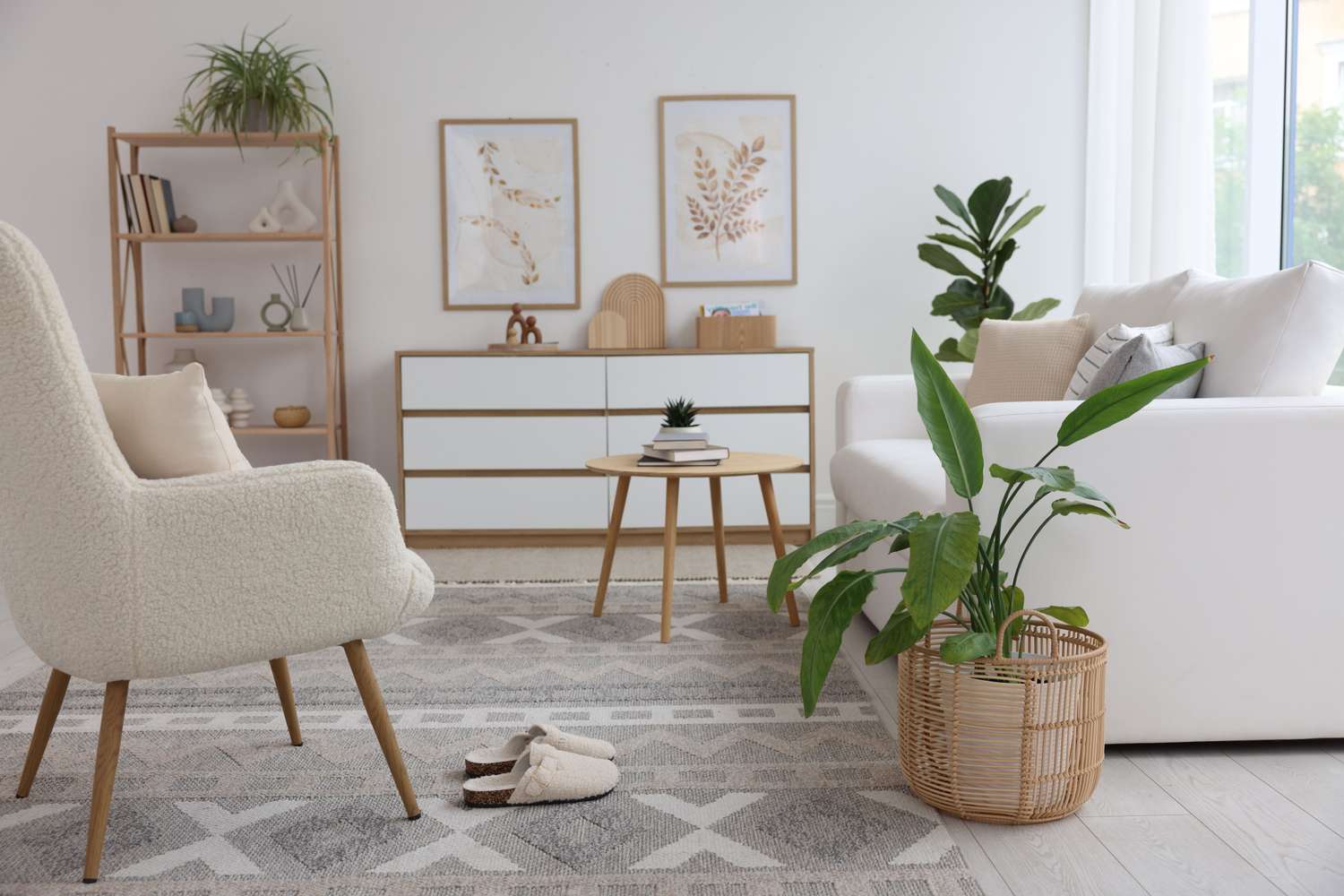 Modern living room with minimalist furniture and houseplants