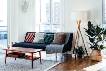 A living room with a sofa cushions tall lamp and indoor plants bright natural light through large windows