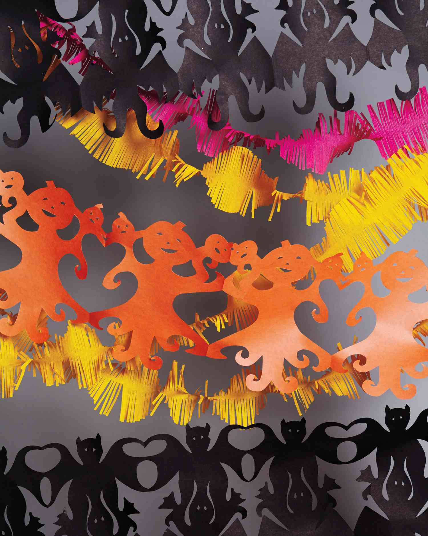 orange pumpkin paper doll chain black bat paper doll chains