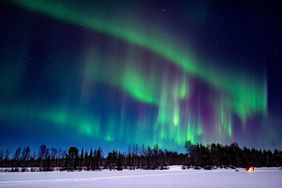 Aurora borealis glowing over a snowy landscape with a forest in the distance