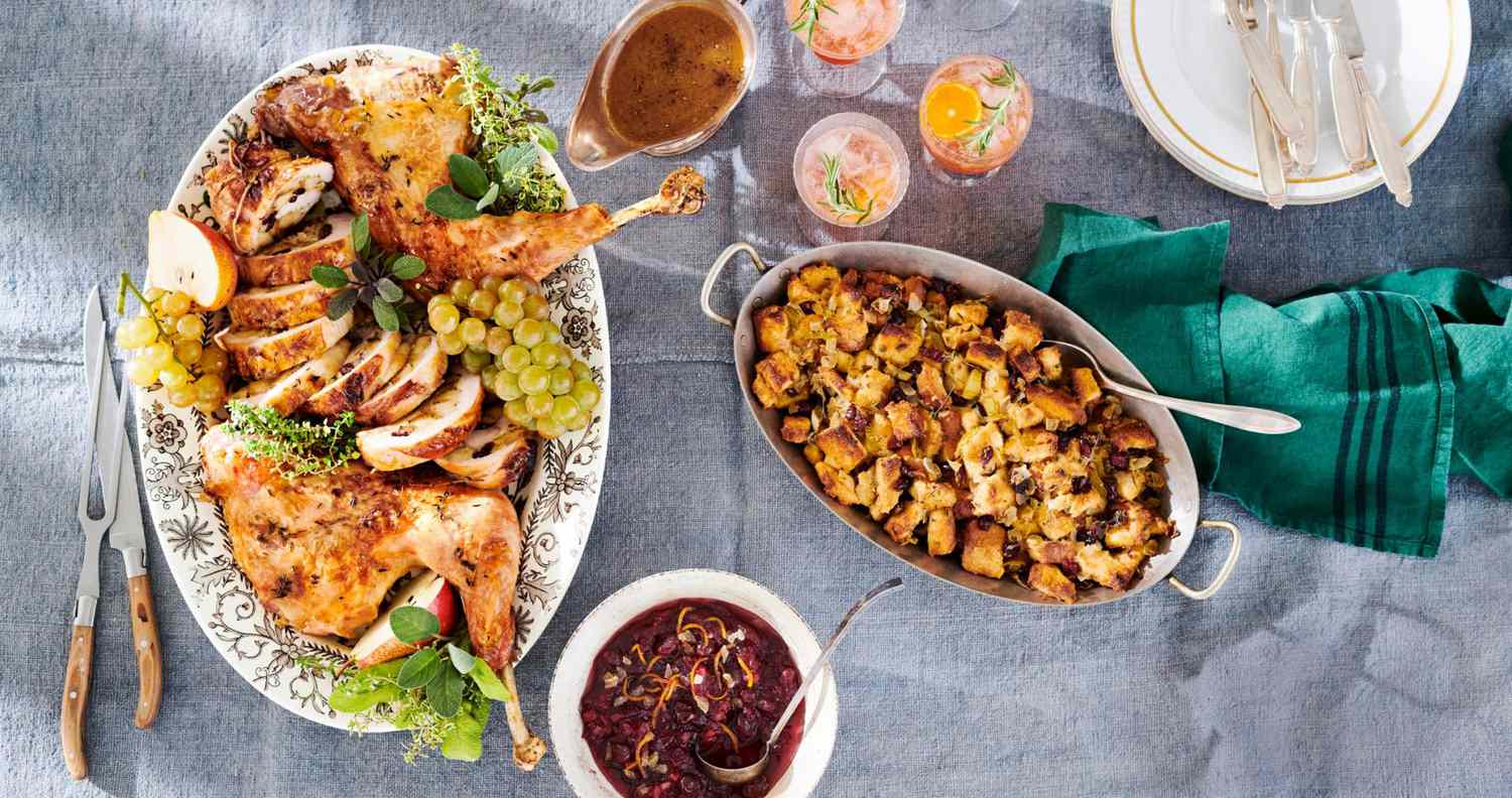 turkey, gravy, relish, drinks, and stuffing