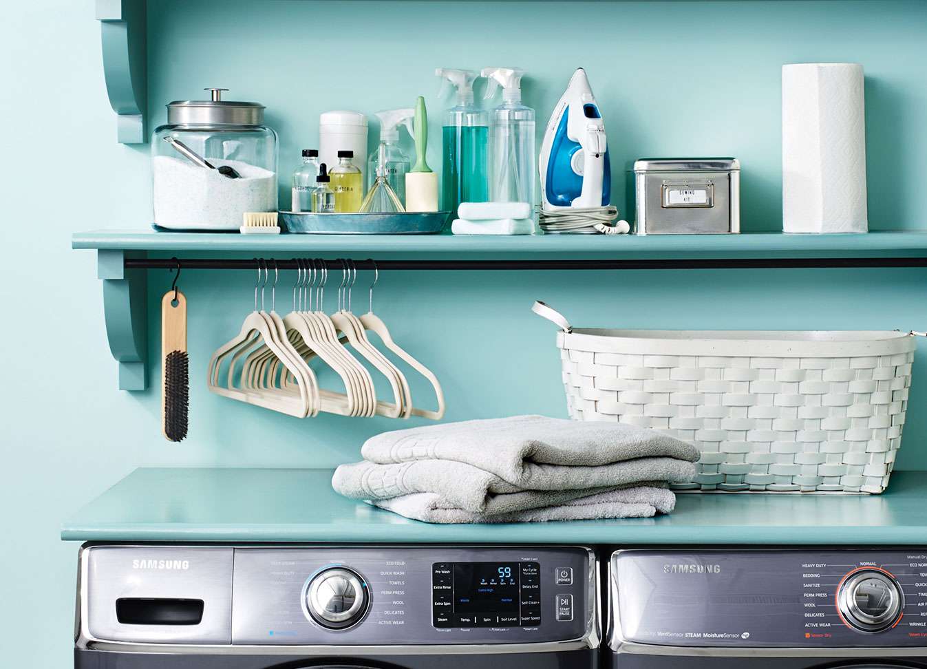 Laundry room with shelves