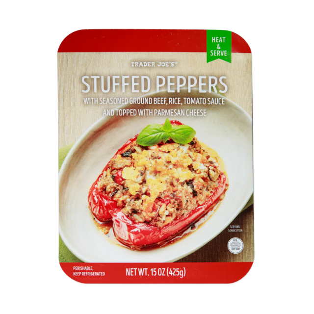 Package of Trader Joes stuffed peppers heat and serve meal