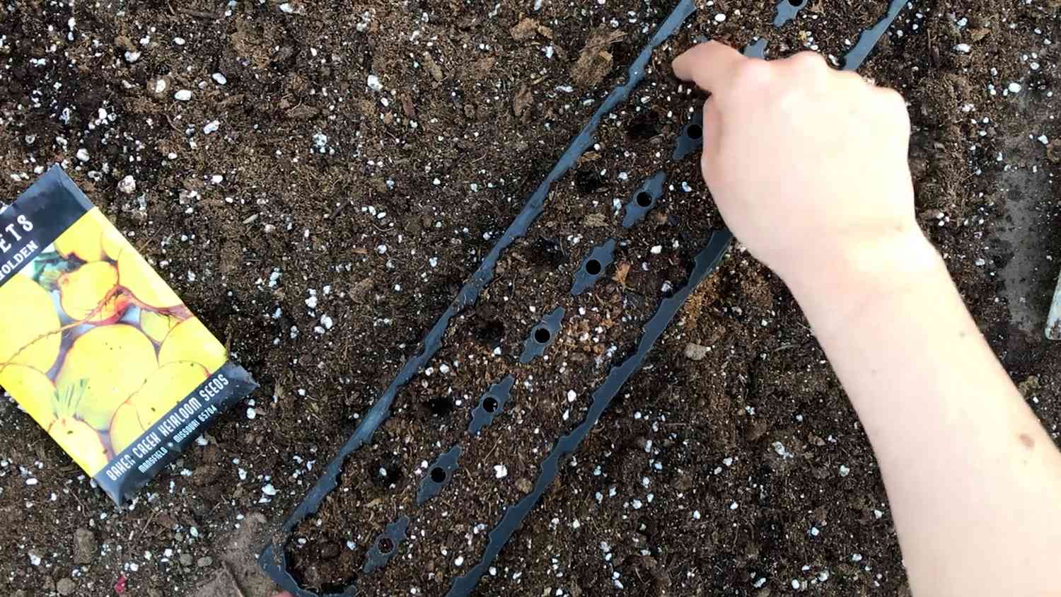 Poking holes in soil for seed sowing. 