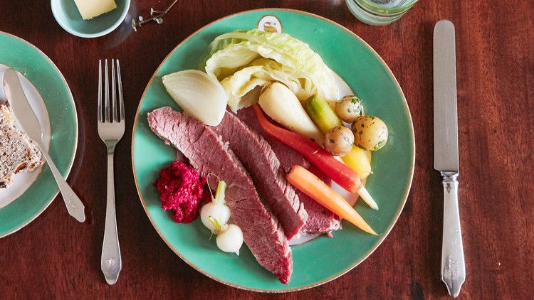 quick brined corned beef and vegetables served on green plate