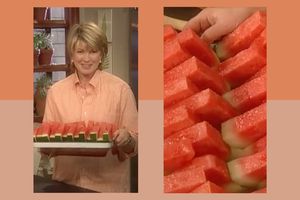 decorvow holds a platter of watermelon slices closeup on the slices to the right