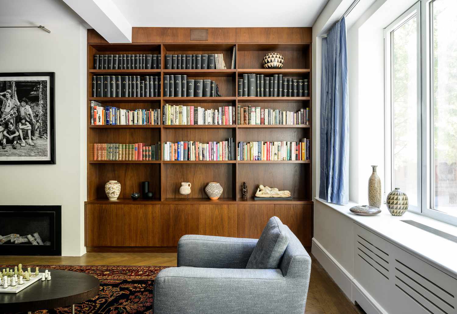 white walls with wood shelves