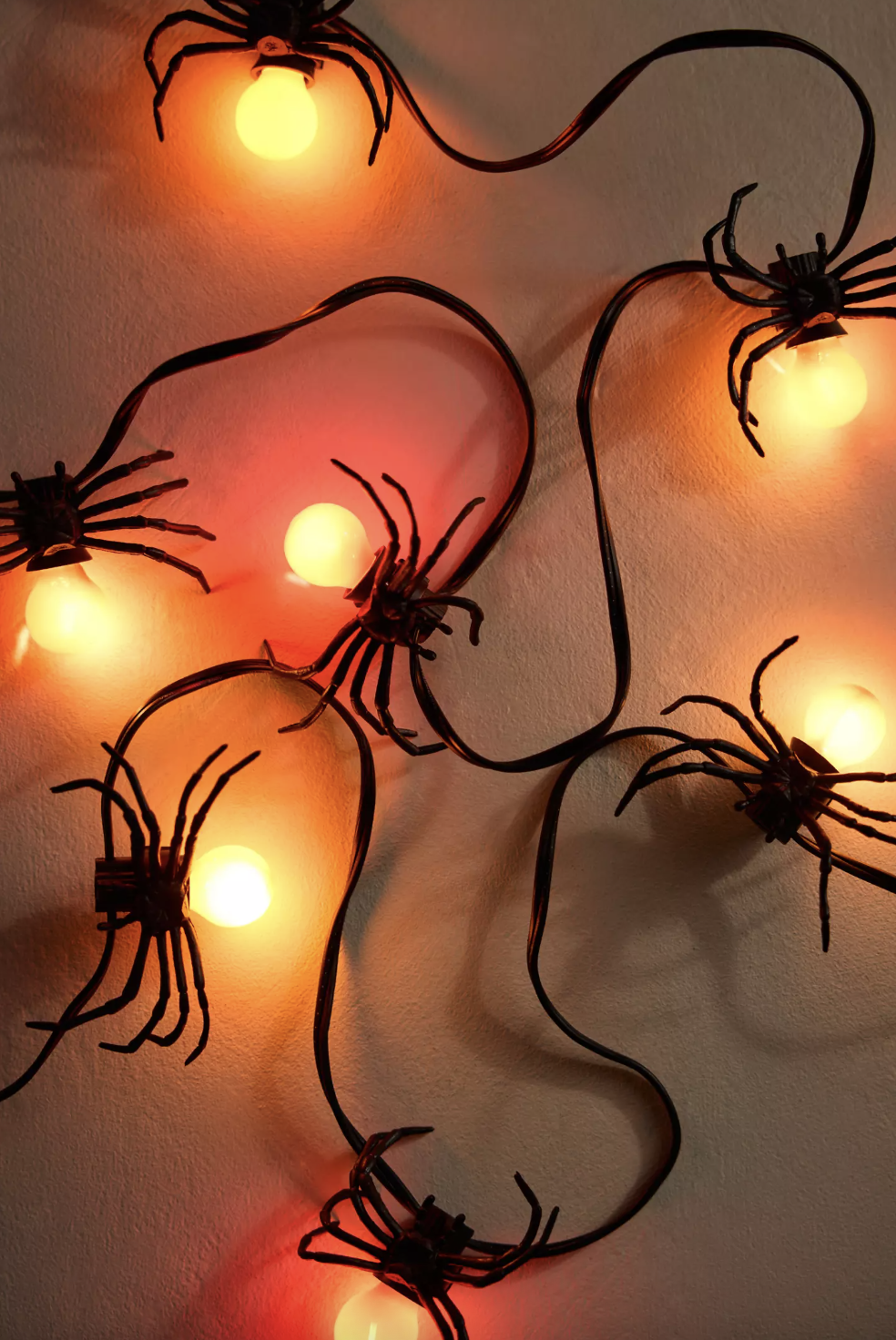 String lights with spidershaped decor emitting a warm glow