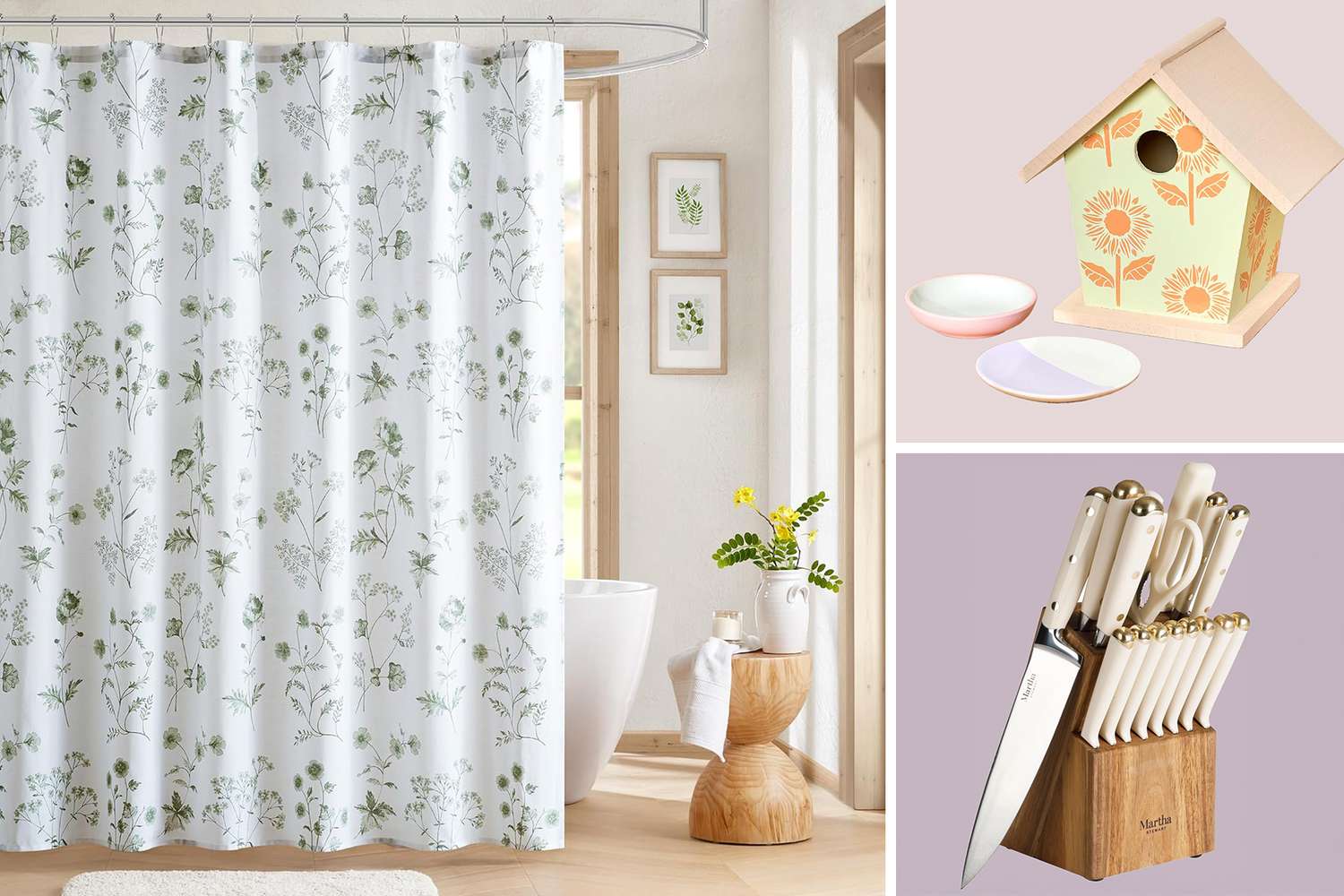 A decorated shower curtain a painted birdhouse and a knife set in a wooden block