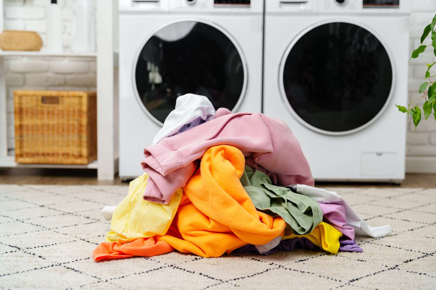 Pile of bright laundry load next to washing machine in laundry room