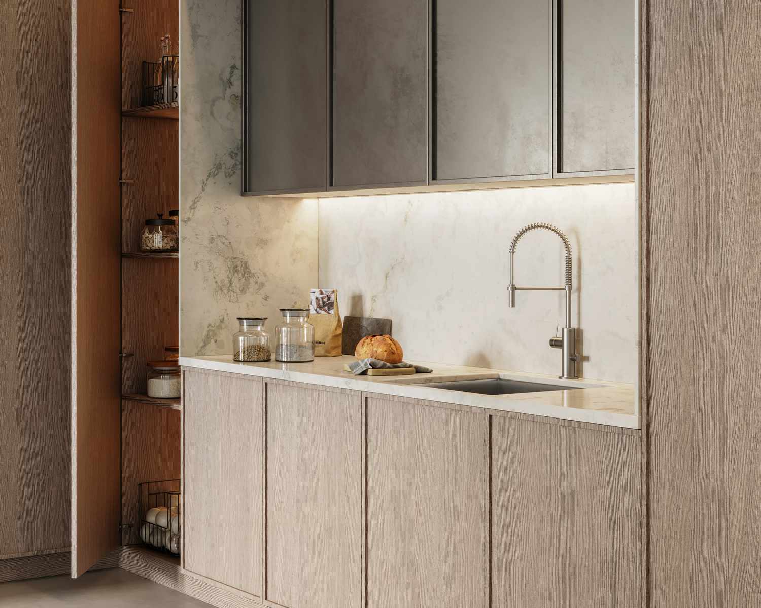 Kitchen with wood cabinets and stone counter