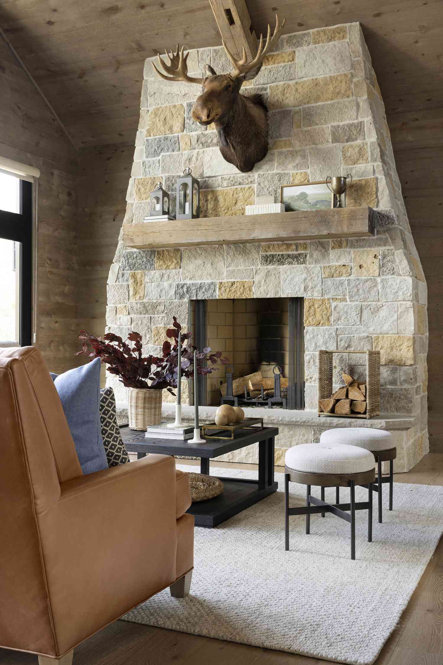 Rustic lodge fireplace mantel decor