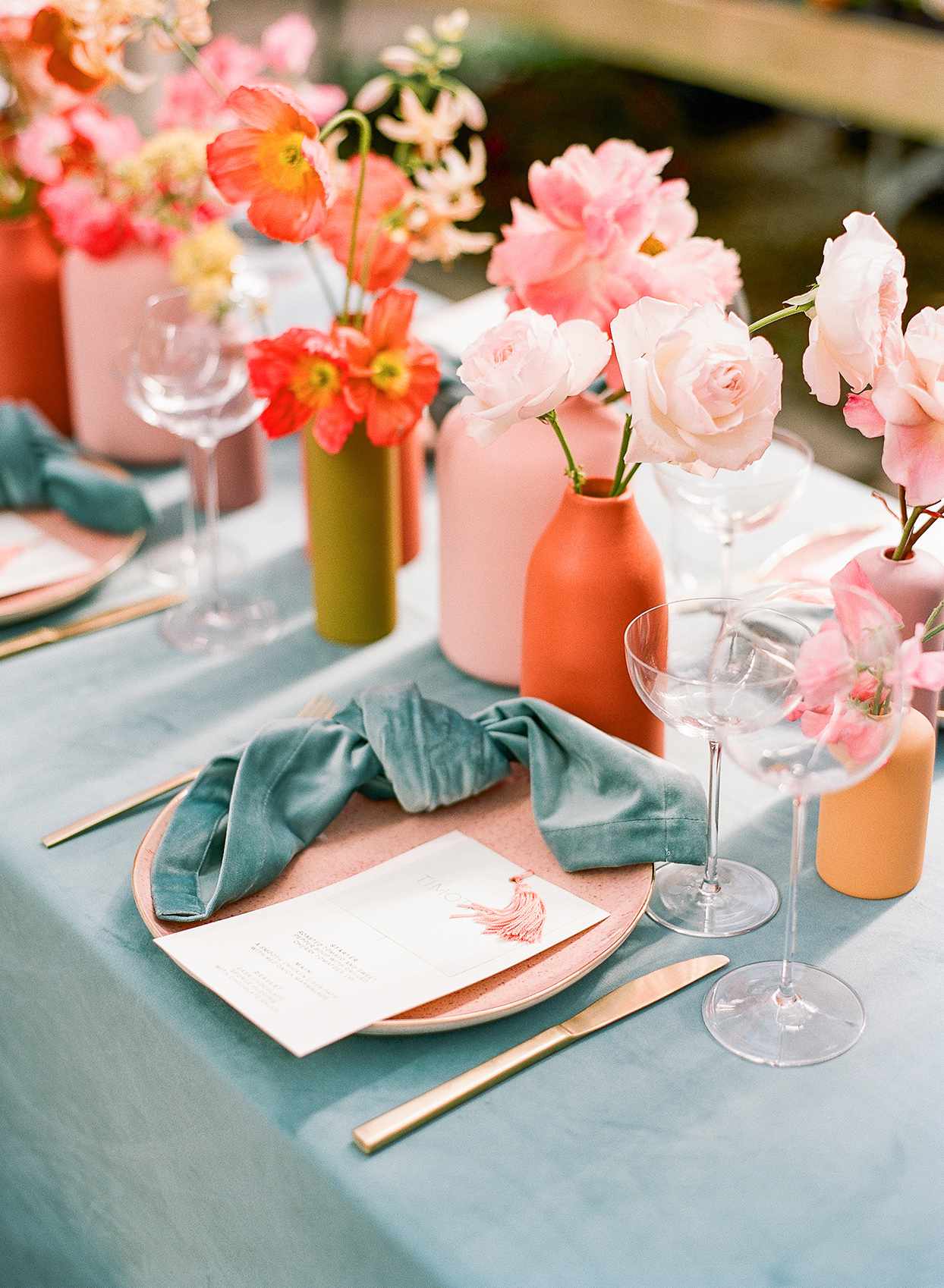 sea foam and coral wedding brunch place setting