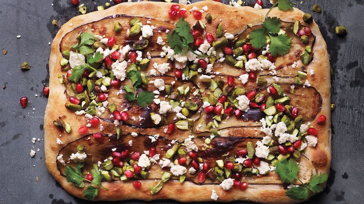 Eggplant, Pistachio, and Pomegranate Pizza