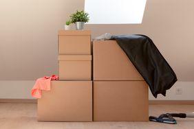 Stacked moving boxes in a room under a skylight with clothes a potted plant and a few scattered items on and near them