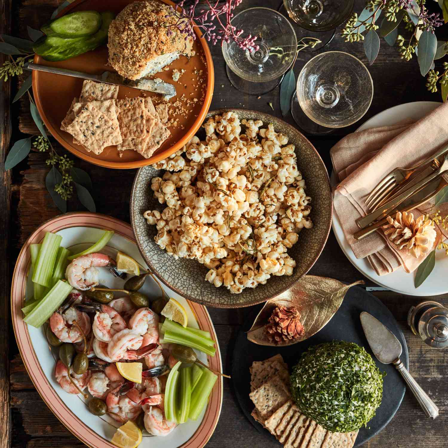 holiday open house appetizers appetizers, cheese ball, popcorn, and shrimp