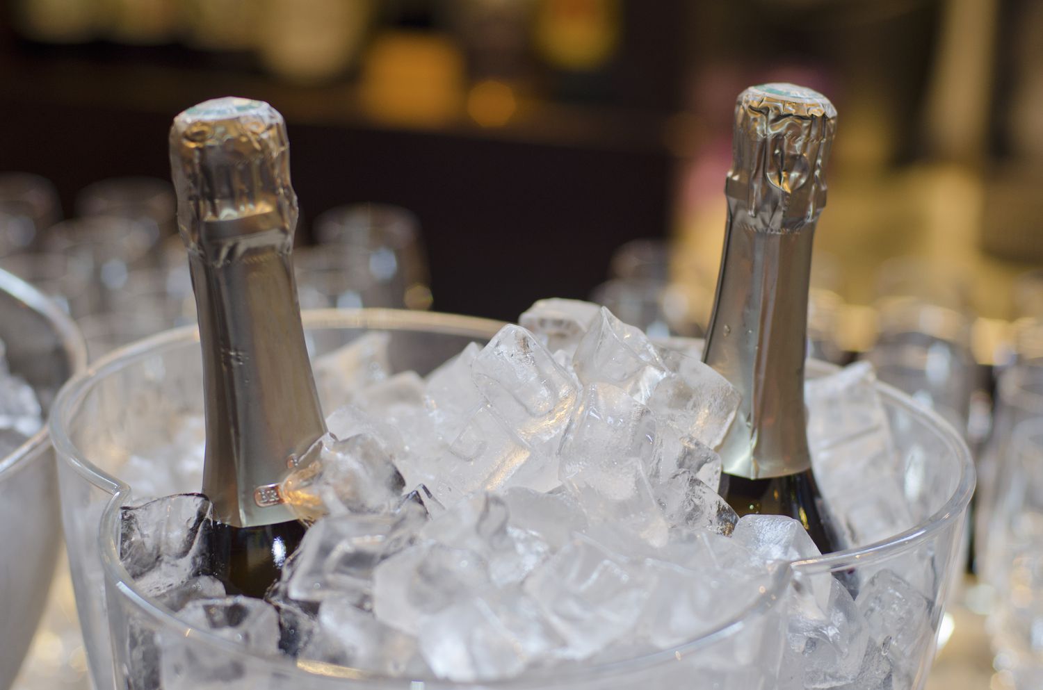 Wine bottles in ice bucket in restaurant