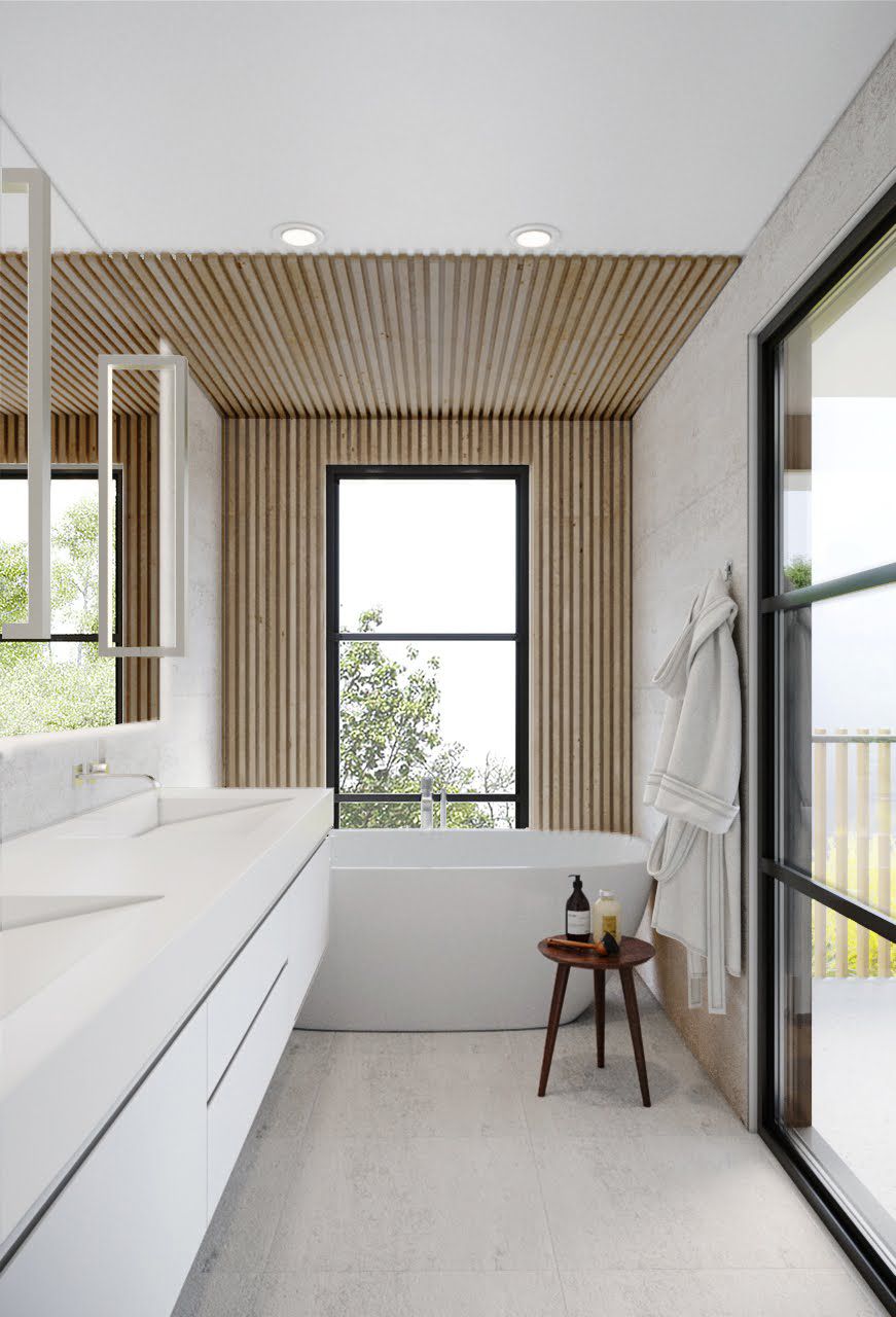 a bathroom with natural wood 