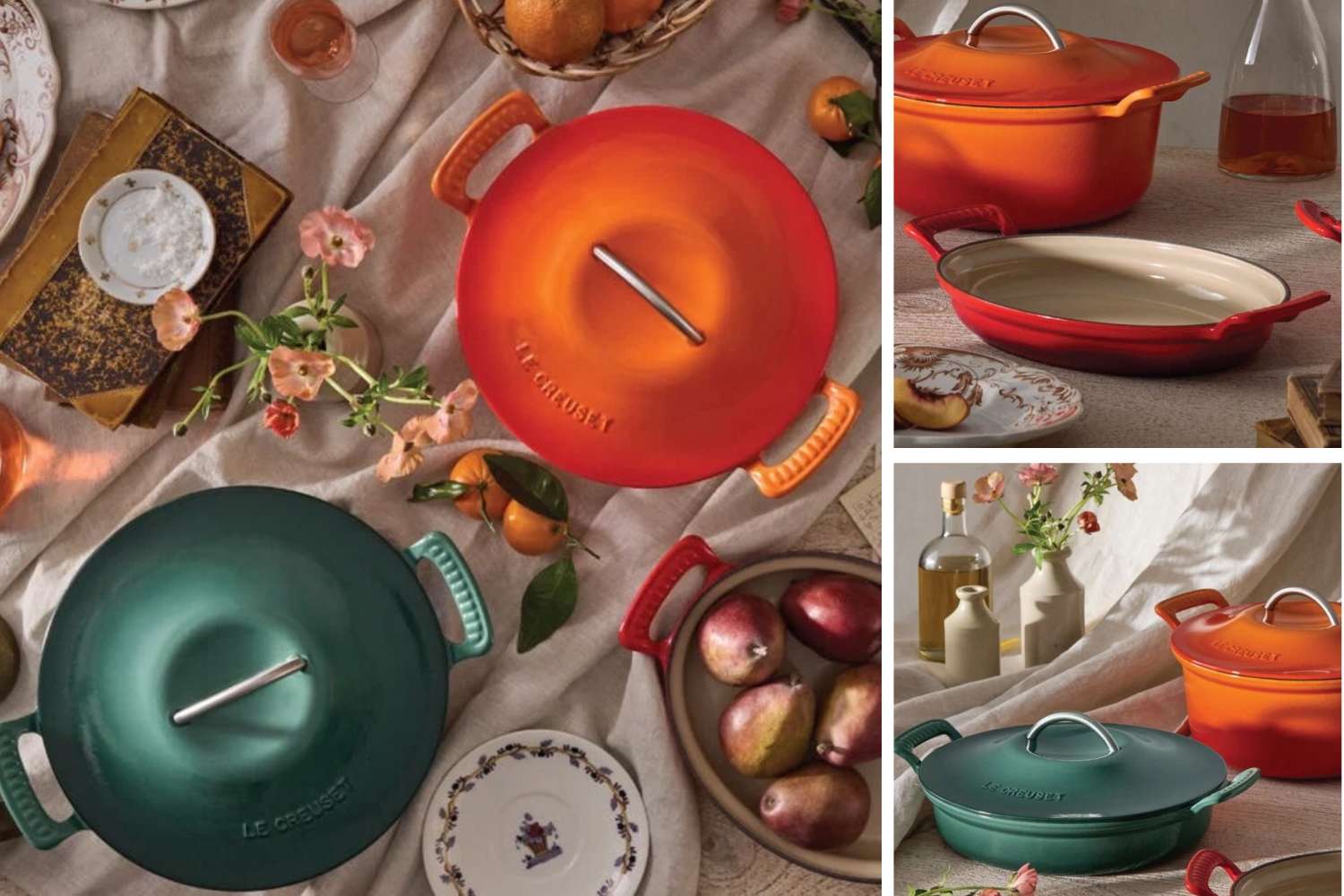 Various Le Creuset cookware arranged on a table with fruit and decorative items