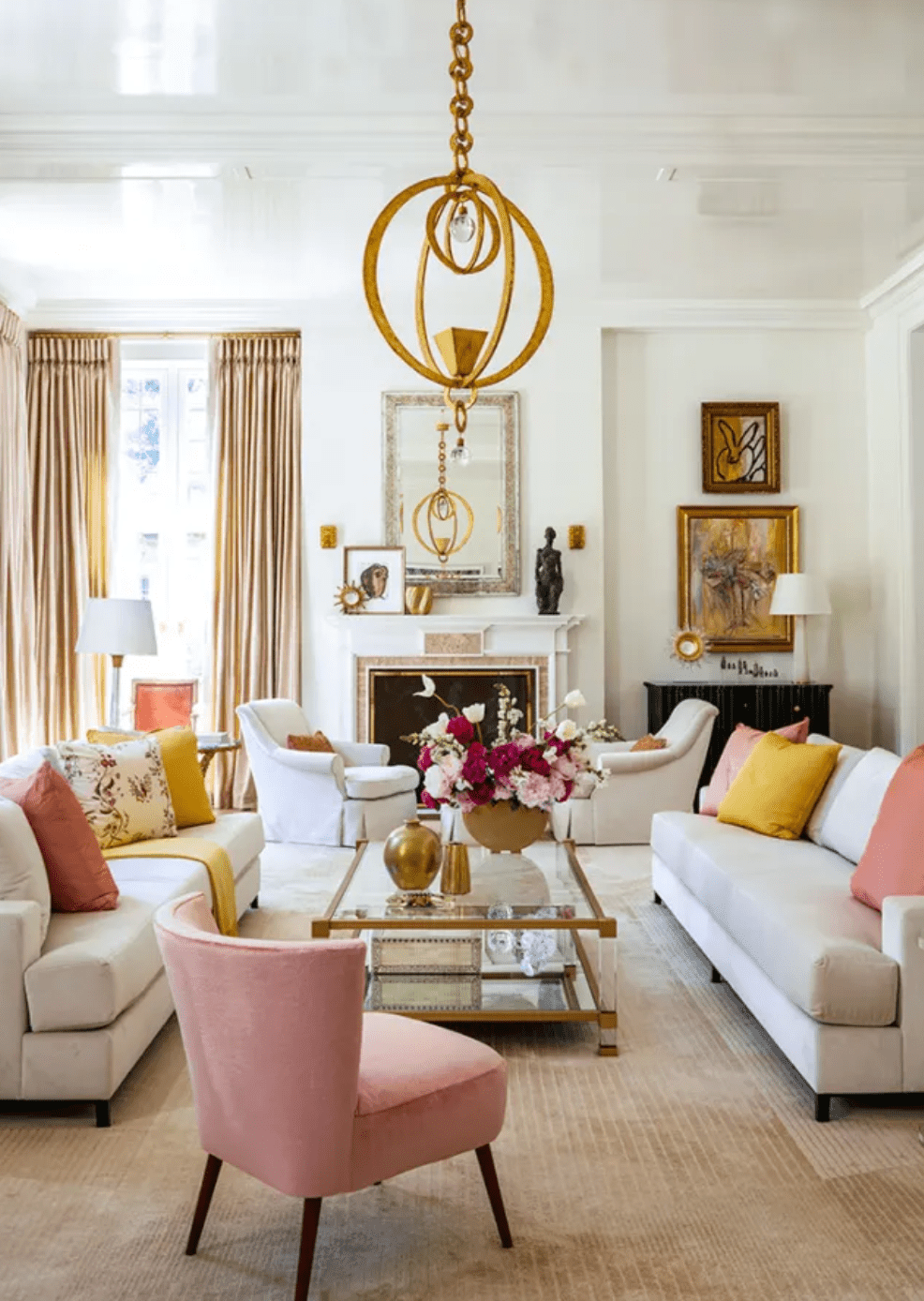 white walls with pink and yellow accessories