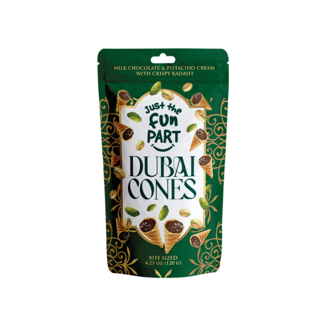 A pouch of Dubai Cones a snack with chocolate and pistachio flavoring