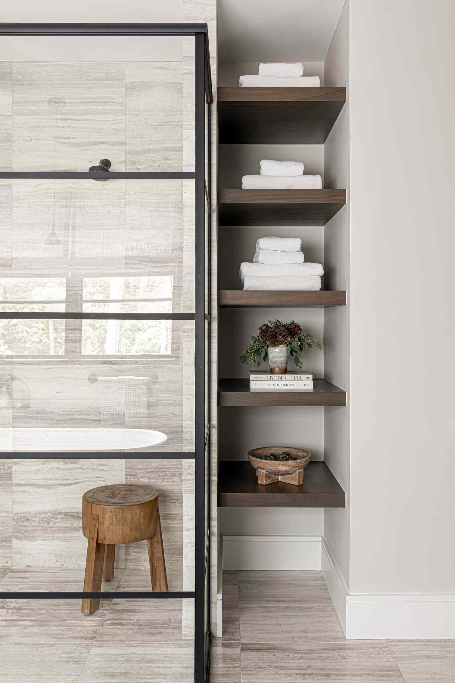 Wood shelf contrast in bathroom