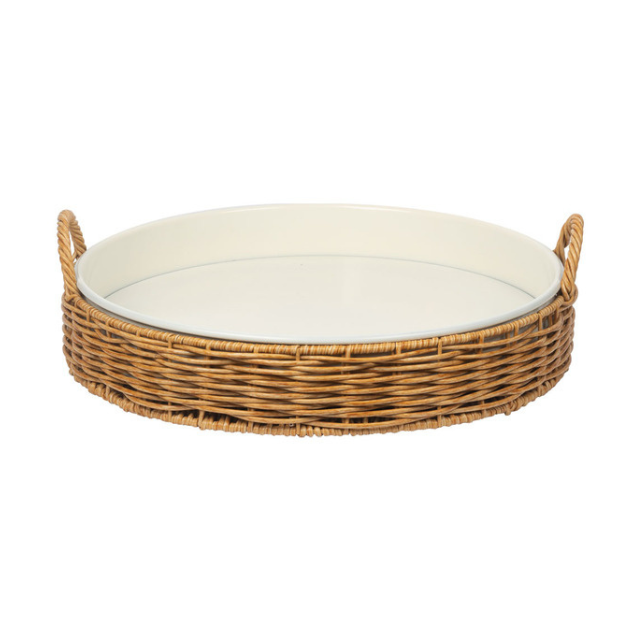 A round woven tray with two handles featuring a smooth base