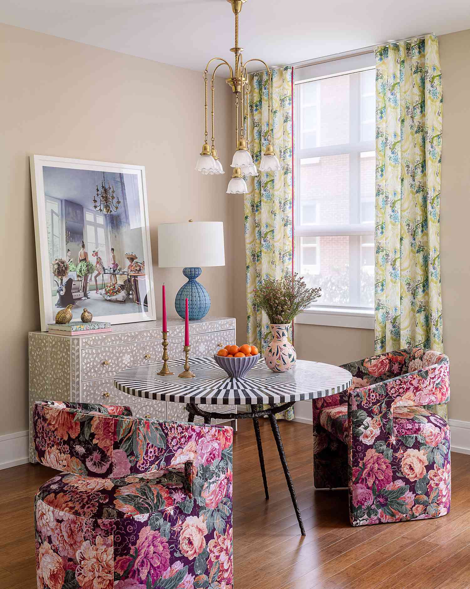 Colorful dining room with drapes