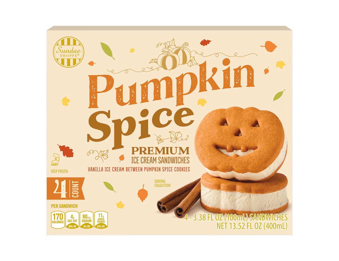 Packaging for pumpkin spice ice cream sandwiches featuring a jackolantern face cookie design