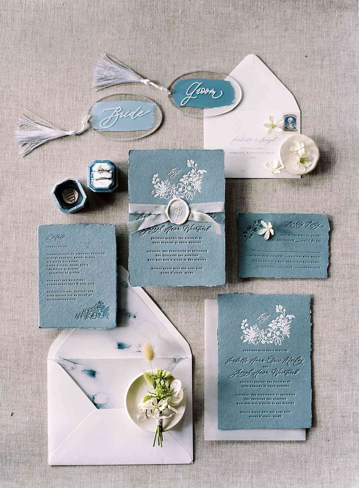 blue and white distressed edge stationery suite
