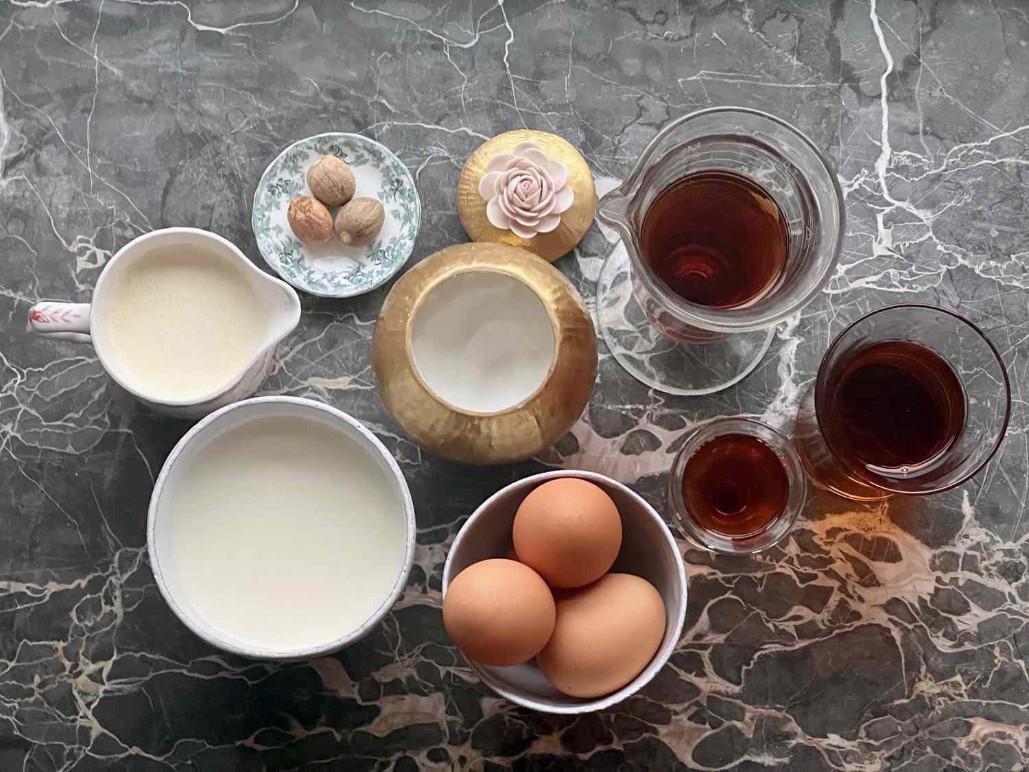 eggnog ingredients on marble counter