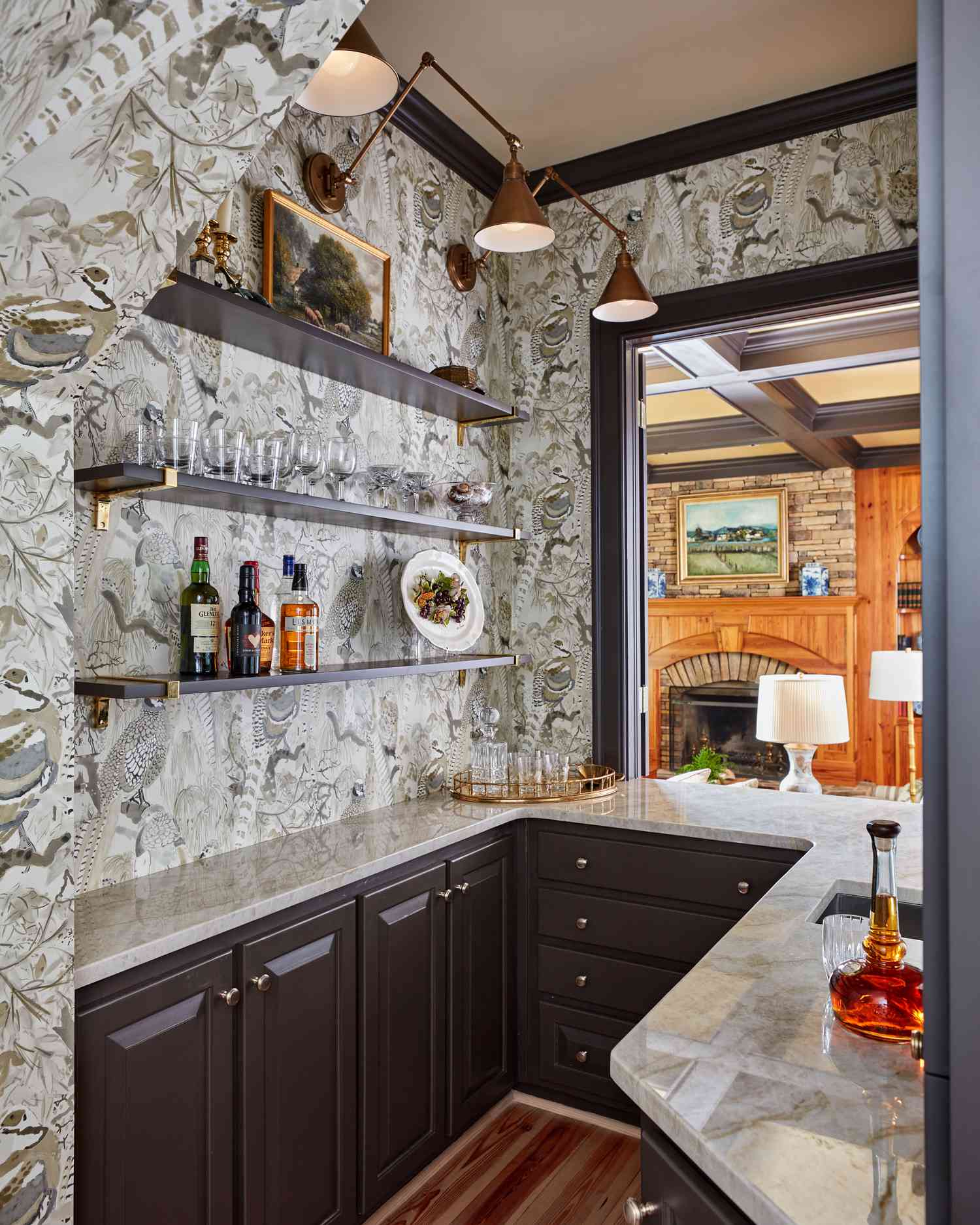 home bar with wallpaper and shelves