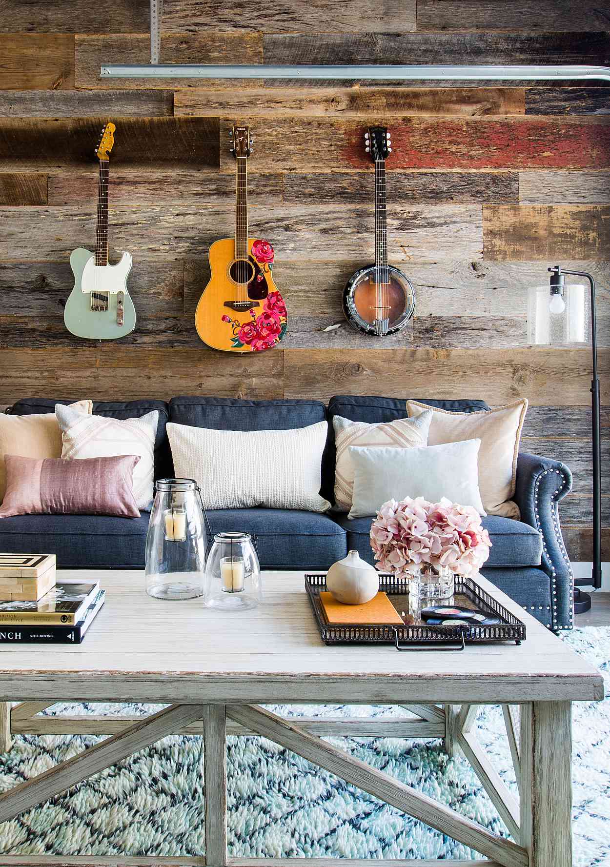 Living room with shiplap walls
