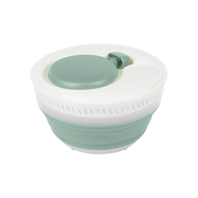 A collapsible salad spinner with a lid