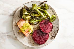 seared beets with turmeric-tahini broccoli and salmon