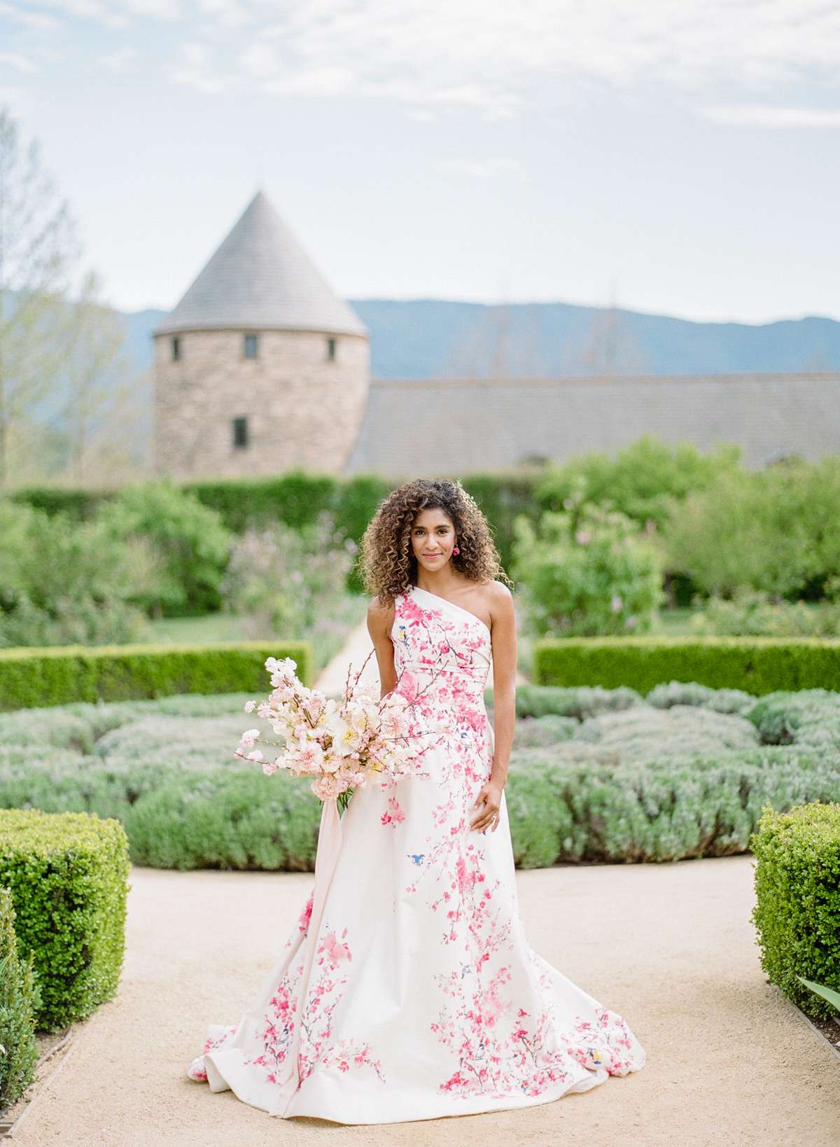 white wedding dress with cherry blossom details