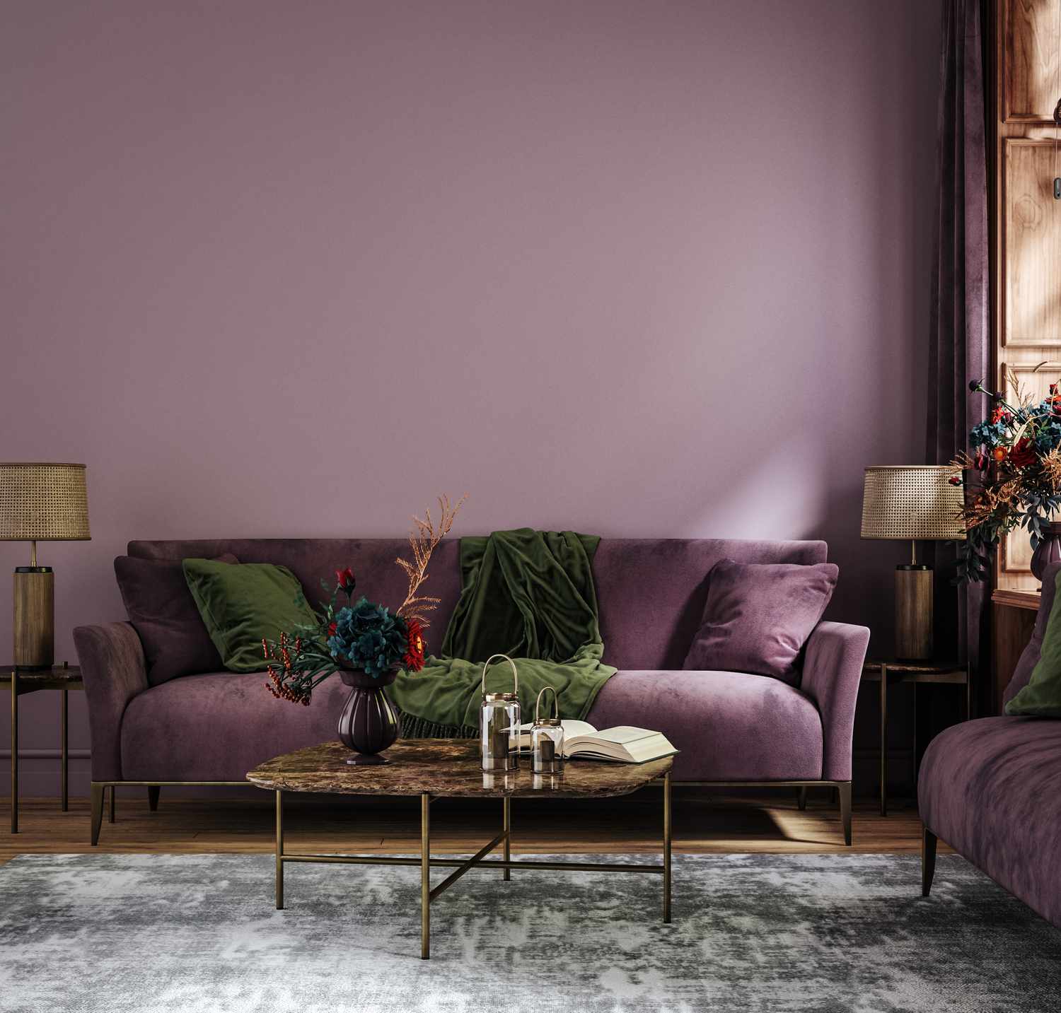 Home mockup, cozy dark living room interior with sofa and decor