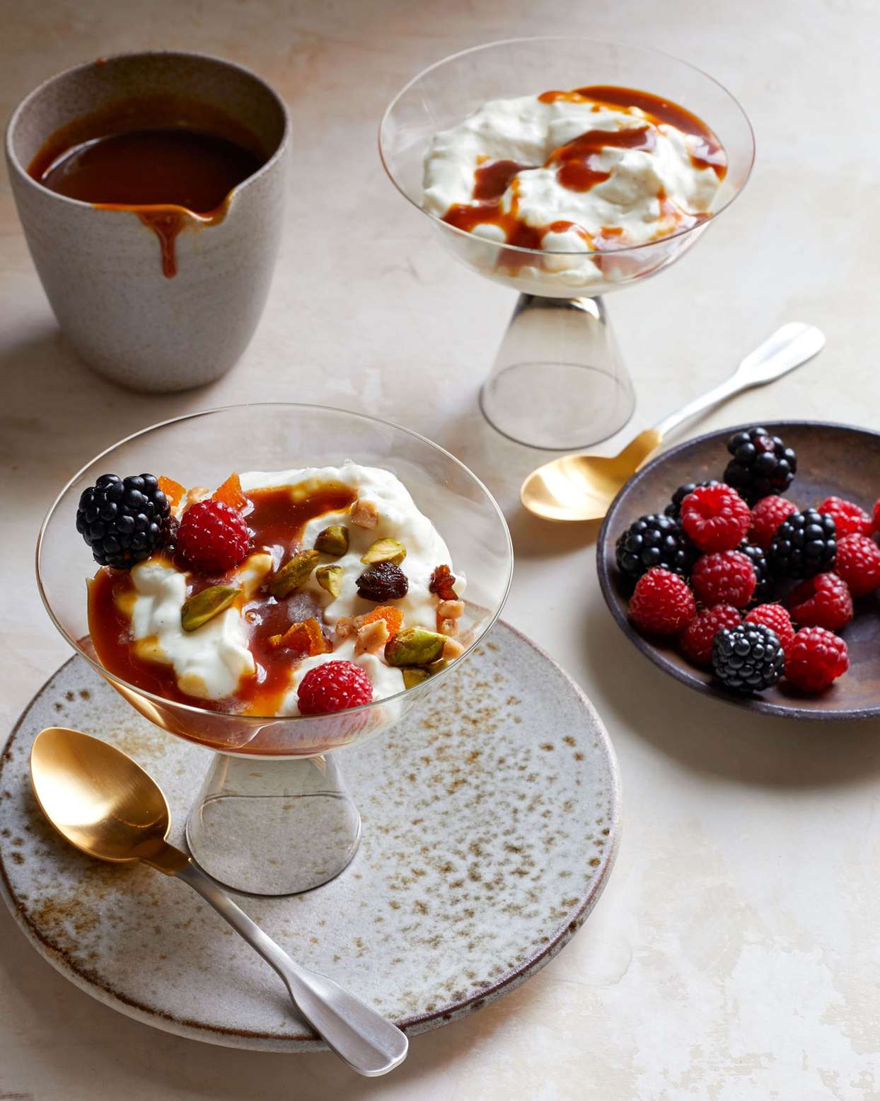 rice pudding with sea-salt caramel sauce and berries