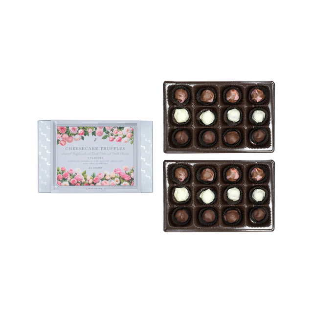 Cheesecake truffles in a box with floral label and tray display