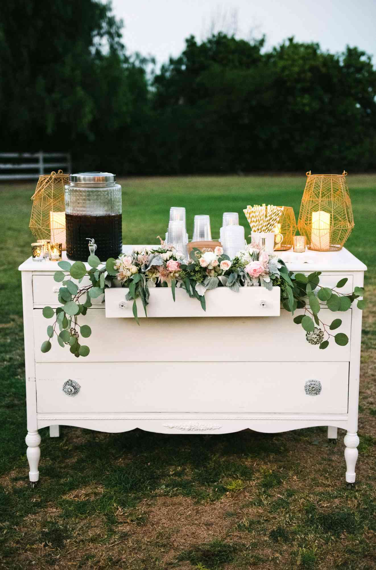 coffee wedding ideas decorative dresser as table with iced coffee and cups