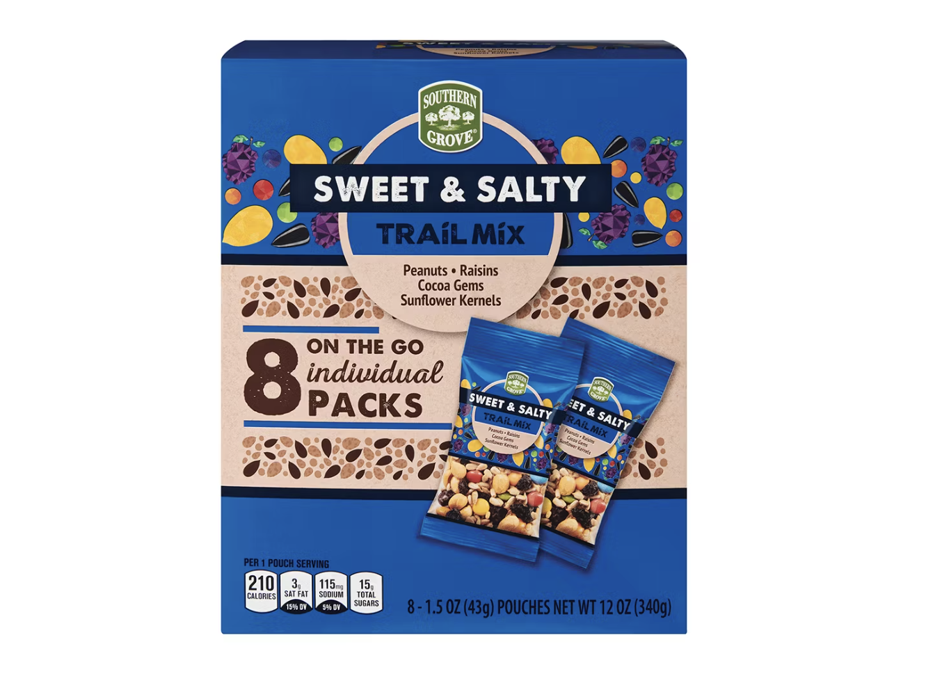 A box of Sweet Salty trail mix featuring onthego individual pack pouches