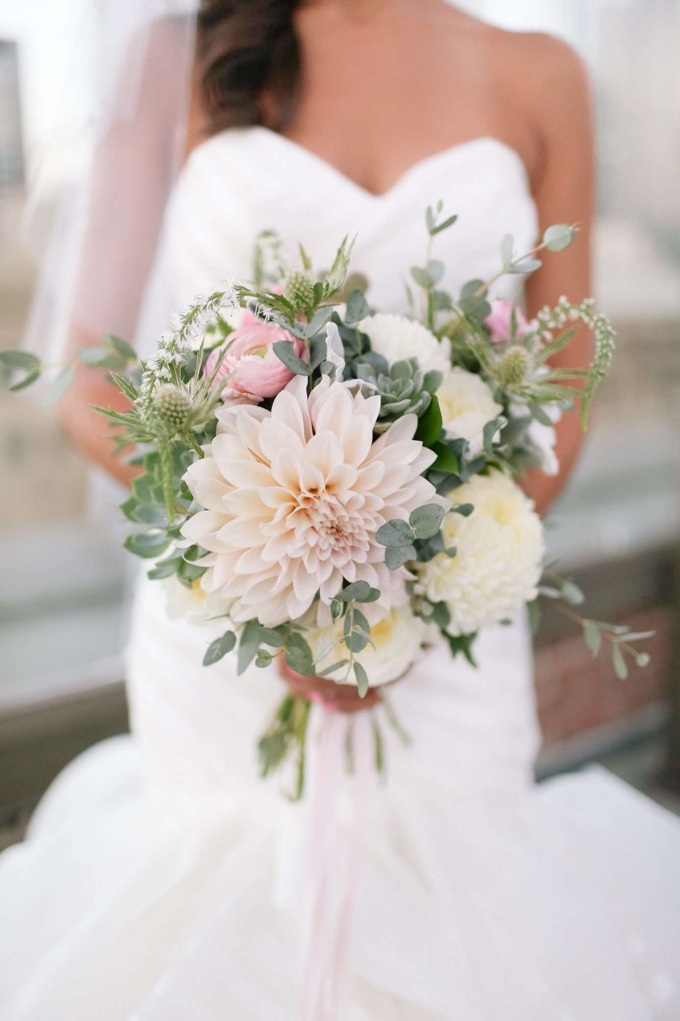 light pink and yellow dahlia wedding bouquet