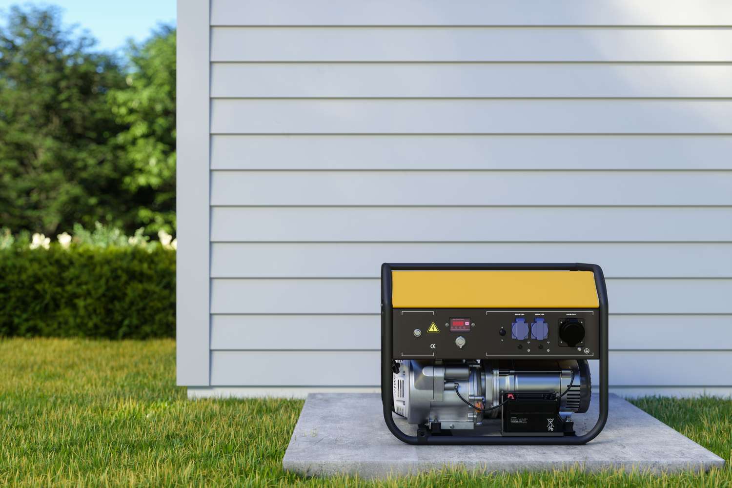 A portable generator on a concrete pad near the side of a house